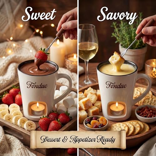 White Chocolate Fondue Mug with Tealight & Fork – Ceramic Single-Serve Fondue Cup for Chocolate & Cheese Dipping - color: White