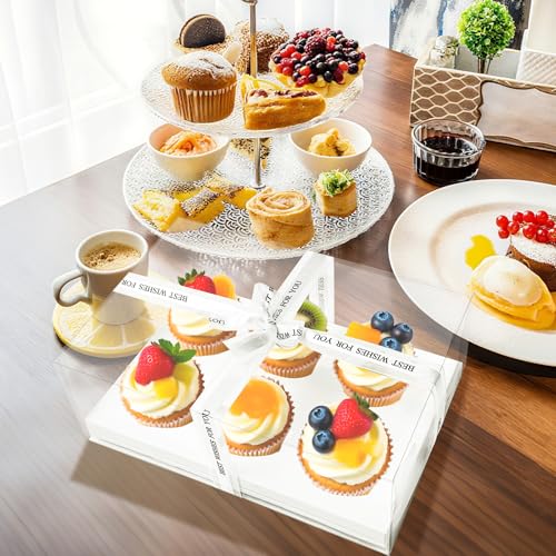 15 Pack Clear Cupcake Boxes, 6 Compartment Cupcake Container Set, Stackable Plastic Dessert Box with Gift Ribbon for Muffins, Macarons, Cookies, Dessert, Party(10.5 x 7.08 x 4 Inches)