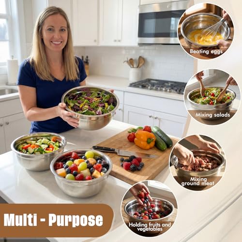Geetery 6 Pack Stainless Steel Mixing Bowls with Airtight Lids 3qt Metal Mixing Bowl Thicker Stainless Steel Salad Bowls for Food Prep, Baking, Storage, Cooking, Serving Dishwasher Safe - color: Black Lid