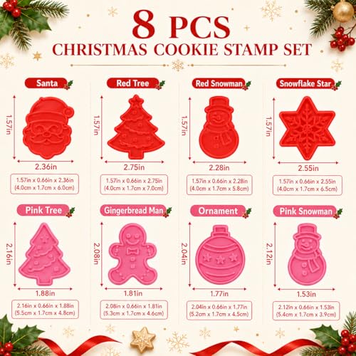 Christmas Themed MINI Cookie Cutter Embossing Mold Fondant Stamper Set - 8Pcs Plastic spring die Biscuits Pastry Cutter Set 3D Cookie Cake Plunger Cutter Baking Mould