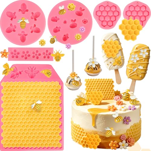 6 Pcs Bumble Bee Silicone Mold Honeycomb Flower Bee Fondant Molds - color: 6 Pcs Honeycomb & Bumble Bee & Flower, Pink