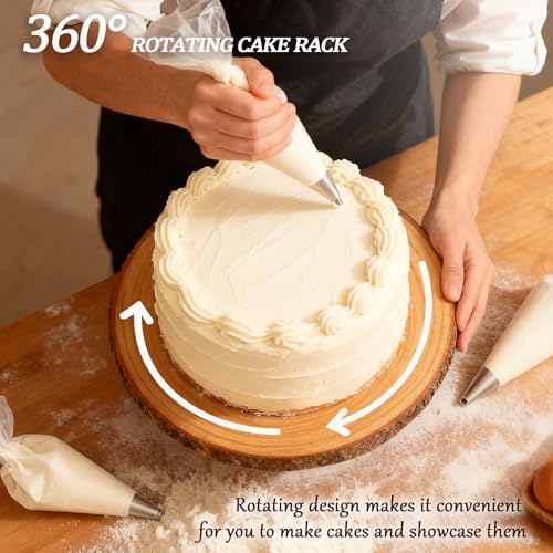 12 Inch Rotating Wooden Cake Turntable with Knife & Server, Round Rustic Cake Display Stand for Party Dessert Decor