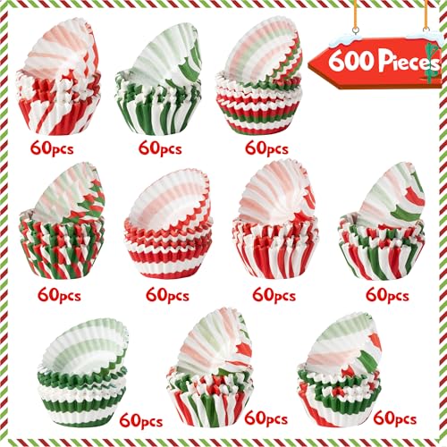 COcnny Christmas Mini Cupcake Liners - 600pcs Merry Christmas Candy Baking Cups Muffin Cupcakes Wrappers, Xmas Tree Santa Disposable Chocolate Cake Wrap Making Supplies for Xmas Eve Party (10 Styles) - style: Mini Xmas Candy