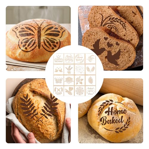 16 PCS Sourdough Bread Stencils for Baking 5.9 X 5.9 Inch Artisan Baking Tool Set Reusable Templates for Cookie, Cake and Pie Decorating 16 Styles