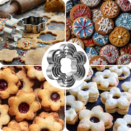 Flower Cookie Cutter Set, 3.1 Inch, 2.7 Inch, 2.3 Inch, 2 Inch, 1.5 Inch -5 Pcs Fondant Biscuit Cutters Sturdy Stainless Steel Six Petal Spring Flower Cookie Cutters Shapes Molds