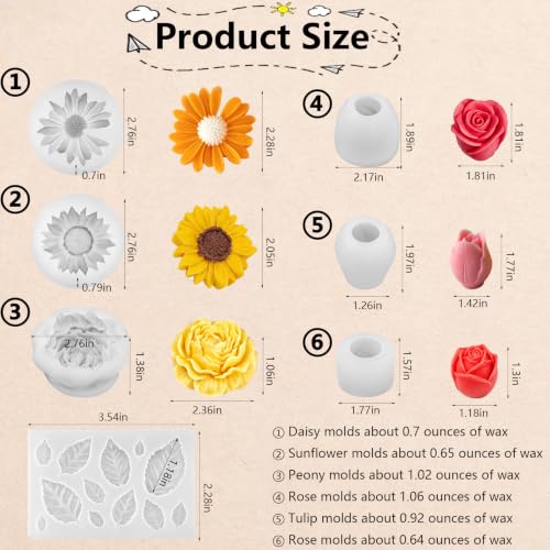 7 Pcs Flower Candle Molds with Leaf Molds, 3D Flower Silicone Mold - color: 7 Pcs Flower Candle Molds With Leaf Molds