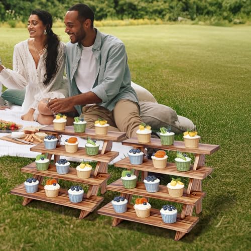 DAOYOUSKY 2Pcs Wooden Rustic Cupcake Stand for 24 Cupcakes, Stepped Wood Display Stand for Weddings, Tiered Party Table Display Riser for Food , Dessert, Cookie, Decor, Craft Show, Burnt - color: Burnt - 2Pcs