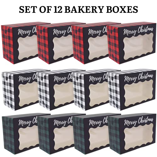 Christmas Cookie Boxes - 12 Pack - Plaid Bakery Gift Box with Window - color: Buffalo Plaid Christmas