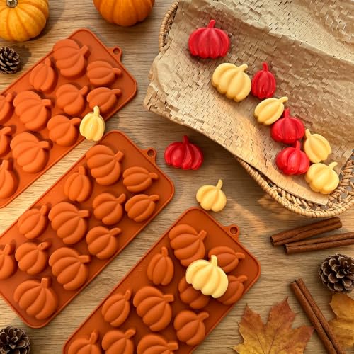 3 Pack Pumpkin Silicone Molds, 3 Sizes Mini Pumpkin Shaped Chocolate Candy Molds Food Grade Silicone Ice Cube Molds for Fall Festival Thanksgiving Halloween Baking, Jelly, Soap, Wax Melts - color: Pumpkin
