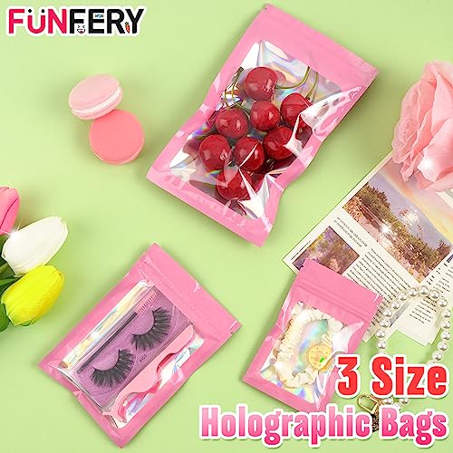 Funfery 300 Pack 3 Size Mylar Holographic Bags with Clear Window,Pink - color: Pink, size: 3x4.7+4x6+4.7x7.9 Inch