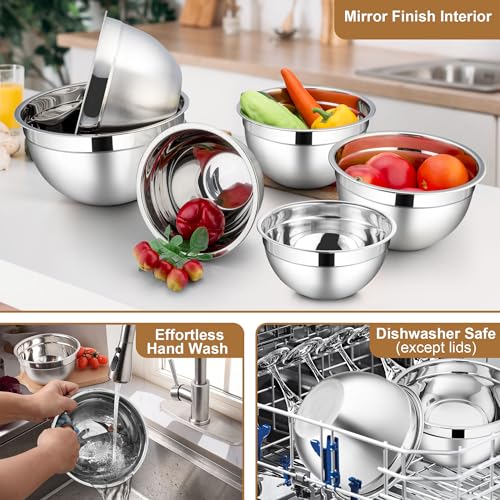LIANYU 6 PCS Stainless Steel Mixing Bowls with Visible Lids for Cooking - color: Khaki, style: Atlas Base with Visible Lids