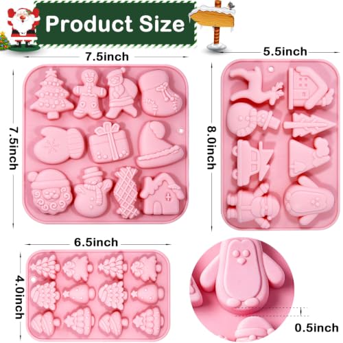 3 Pack Christmas Silicone Baking Mold, Christmas Tree Holiday Silicone Molds Soap Candy Molds for Chocolate Jello Snowman Gingerbread Snowflakes Socks Bells Santa Baking Mold (Xmas-Pink) - color: Xmas-Pink