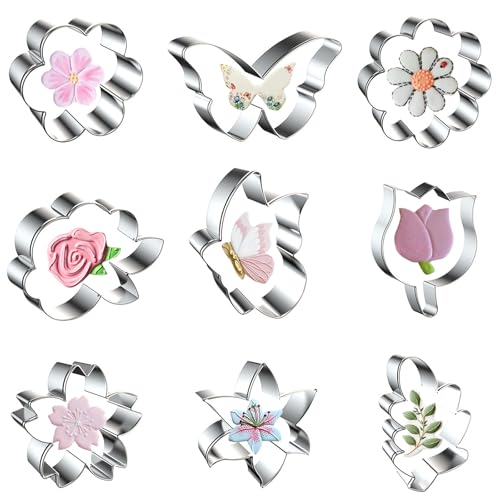 Flower Cookie Cutter Set - 9 Piece - Daisy, Lily, Rose, Tulip, Cherry Blossoms, Oak Leaf and Butterfly Cookie Cutters Shapes Fondant Biscuit Baking Molds - Stainless Steel