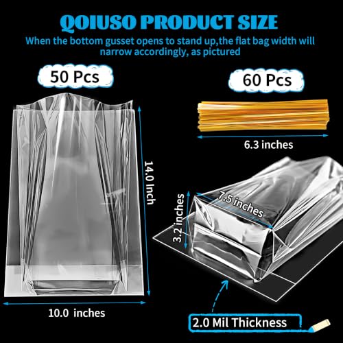 50 Pcs 10x14 Inch Clear Cellophane Gift Bags with Bottom Gusset and Twist Ties – Large Flat Bottom Cellophane Treat Bags for Candy, Cookies, Bakery Goods, Halloween Treats and Christmas Party Favors - color: 10*14 Inch-50Pcs