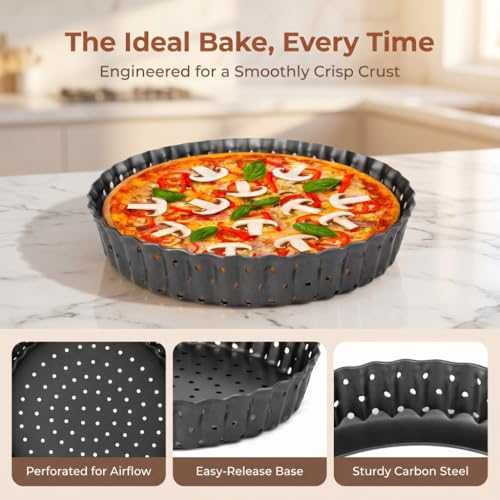 Carbon Steel Tart Pan with Removable Bottom - Nonstick Perforated Deep Dish Baking Pan for Quiche Pie Pizza Black(8 in) - size: 8 in