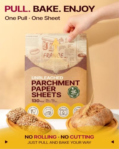 Katbite 130Pcs 10 Inch Sandwich Wrapping Paper, Heavy duty Deli Paper, Greaseproof & Non-stick Parchment Paper, Pre-cut Unbleached Parchment Paper is Perfect for Wrap Bread, Burger and Sandwich - size: 10x10 Inch 130 Pcs