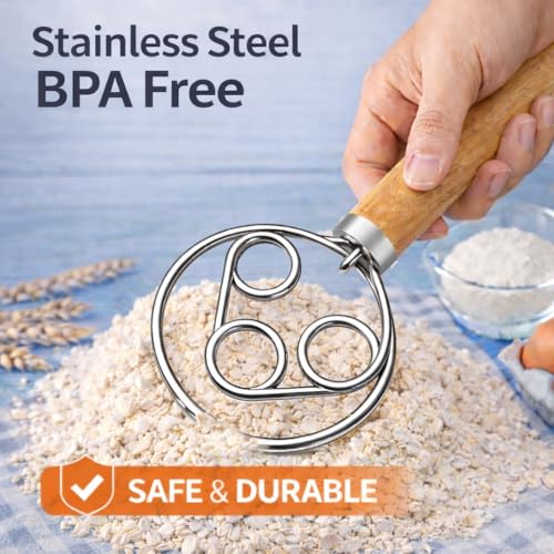 Danish Dough Whisk for Sourdough – Thick Stainless Steel Dutch Whisk with Ergonomic Oak Handle – Heavy-Duty Dough Mixer for Bread & Baking - size: Triple Loop