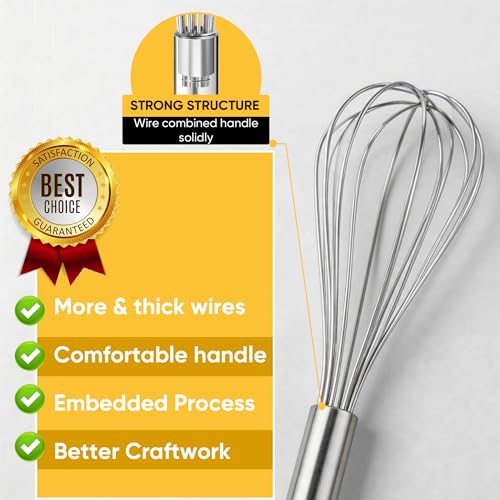 OOKUU Stainless Steel Wire Whisk Set - 3 Packs Balloon Whisk, Thick Wire Wisk ＆ Strong Handles, Egg Frother for Cooking, Blending, Whisking, Beating and Stirring (8"+10"+12")