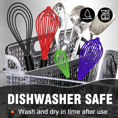 Walfos Whisk,Whisks for Cooking Non Scratch.Silicone Whisk Set of 4 Kitchen Whisks-11in Flat and 7+9+11in Balloon .Nice for Mixing,Whisking and Stirring.Dishwasher Safe.(4pcs-Colorful) - color: 4pcs Green + Purple + Red + Black; 7+9+11in & 11in（flat）