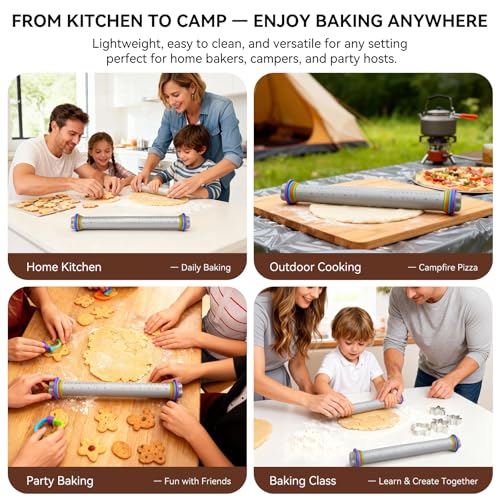 Adjustable Rolling Pin with Thickness Rings, Silicone Dough Roller