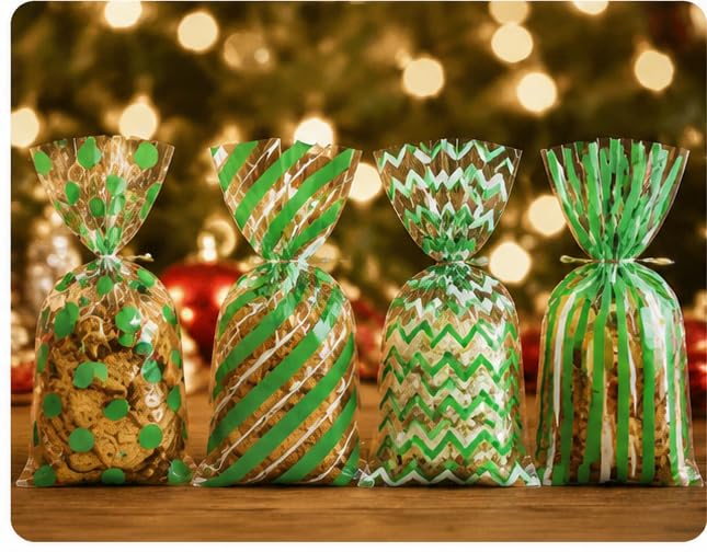Capesaro 50 Pieces 10.6 x 5.1 In Green Cellophane Treat Bags Candy Gift Bag with Twist Ties Stripes Polka Dot Printed Pattern Goodie Bag for Birthday Weddings Party - color: Green-10.8'' x 5''