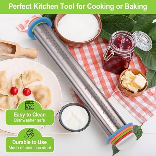 Rolling Pin and Pastry Baking Mat Set, 17-inch Rolling Pins with Adjustable Thickness Rings, Stainless Steel Dough Roller for Baking Fondant, Pizza, Pie, Pastry, Pasta, Cookies (Red) - color: Red