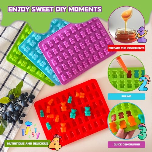 Two Different Sizes Gummy Bear Candy Molds, Set of 4 Non-Stick Silicone Candy Chocolate Gummy Molds with 2 Droppers