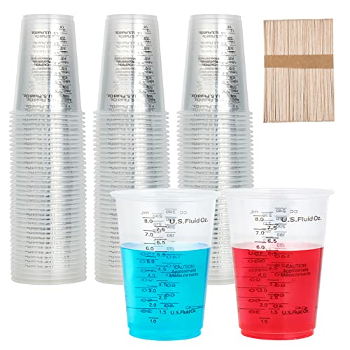 100 PACK 10 oz Plastic Measuring Cups, with 100 Wooden Mixing Sticks