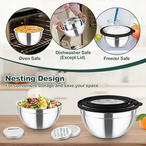 TeamFar Mixing Bowls, Stainless Steel Salad Serving Bowl with Clear Lids - color: Black