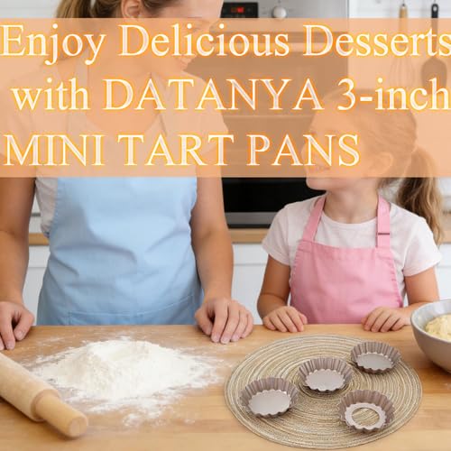 DATANYA Mini Tart Pans Removable Bottom 3 Inch, Carbon Steel Nonstick Quiche Pan Pie Tart Tin Mold, 0.8inches High for Baking Tartlets, Pies, Cakes, Cupcakes - Premium Champagne Gold 12PCS - size: 3.15 Inch X 0.8-inch