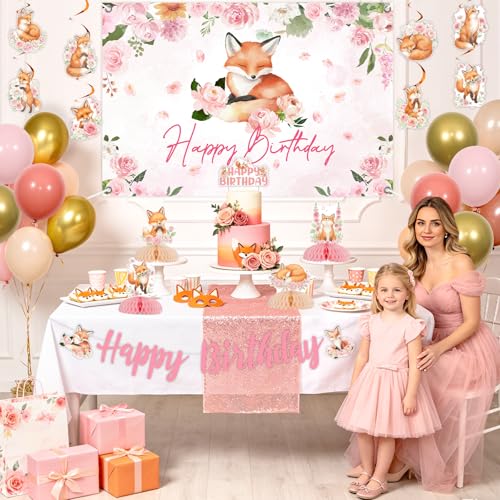 Pink Floral Fox Birthday Party Decorations Kit