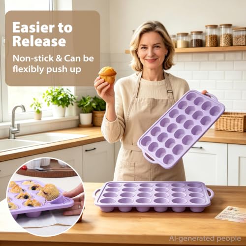 Purple Mini Silicone Muffin Molds: 2 Pack 24 Small Cupcake Mold for Baking - color: Purple, size: Mini: 24 Cup