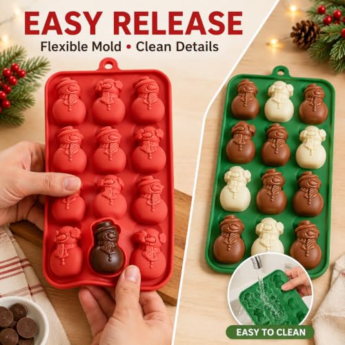 Christmas Silicone Molds for Chocolate, 2 Piece 48-Cavities Christmas Cute Snowman Molds, Red & Green Winter Mini Xmas DIY Candy Chocolate Dessert Pudding Jelly Making - color: Style7