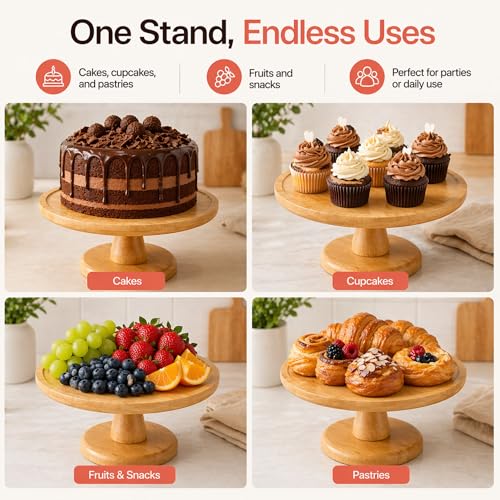 Savra Bamboo Cake Stand 10 Inch, Minimalist Natural Wood Dessert Pedestal