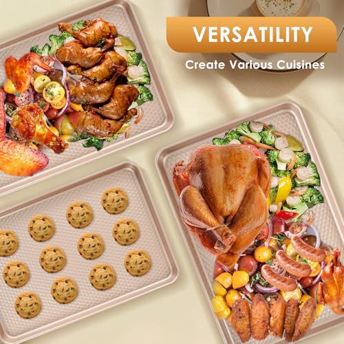 Baking Sheet Pan Set of 3, Nonstick Carbon Steel Cookie Sheets with Texture - color: Textured Rose Gold