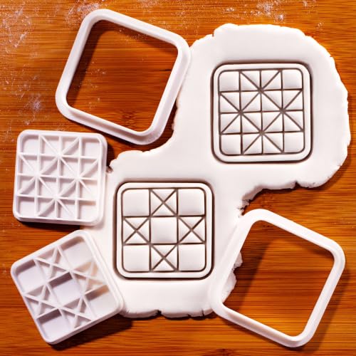 BAKERLOGY Set of 2 Quilt Block Mini Cookie Cutters & Stamps Set – Ohio Star & Ribbon Star Geometric Patchwork Biscuit Cutters for Cookies, Fondant, Cake Decoration & Crafts