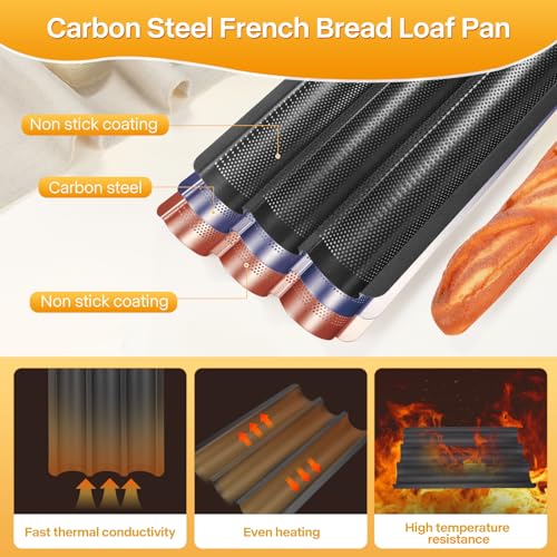 Baguette Bread Pan Kit, Perforated Nonstick 3 Loaf Bread Pan, Black - color: Black
