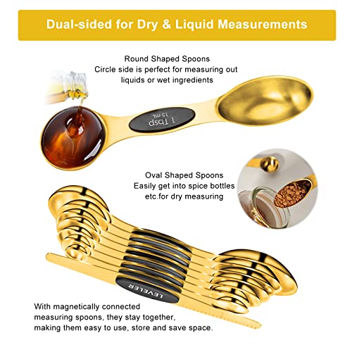 Gold Measuring Cups and Spoons Set of 15, 18/8 Stainless Steel, Includes 7 Nesting Metal Measuring Cups,8 Magnetic Measuring Spoons set - Ideal Kitchen Gadgets for Cooking and Baking Needs