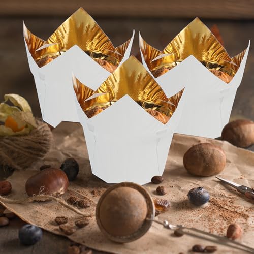 uxcell 50 Pcs Tulip Baking Cups Cupcake Muffins Liners Aluminum Foil Paper Greaseproof Wrappers for Weddings Birthday Party Festivals Christmas, Gold/Coffee - color: Gold/Coffee, size: 3.1