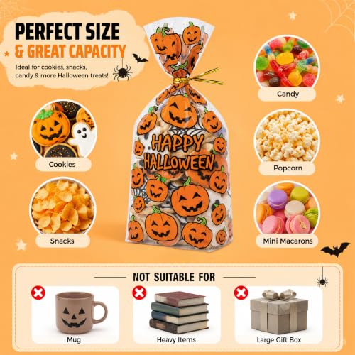 NPLUX 100 Pack Halloween Treat Bags,Twist Ties,Pumpkin Face,6x10x2.4 in - color: Halloween02