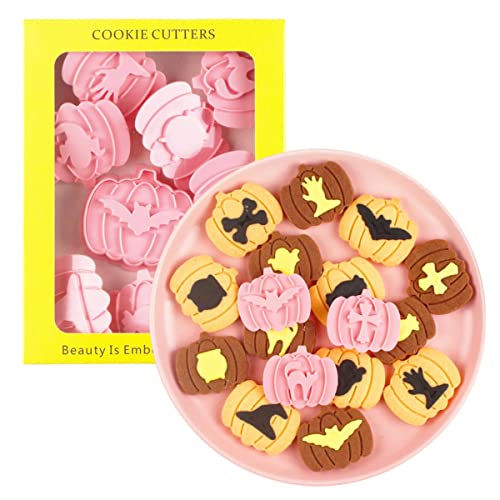9 Pieces Cute Halloween Cookie Cutters Cartoon Cookie Mould Halloween Pumpkin Cookie Stamps Set Kitchen Tools Plastic Cookie Press (Halloween pumpkin) - color: Halloween pumpkin