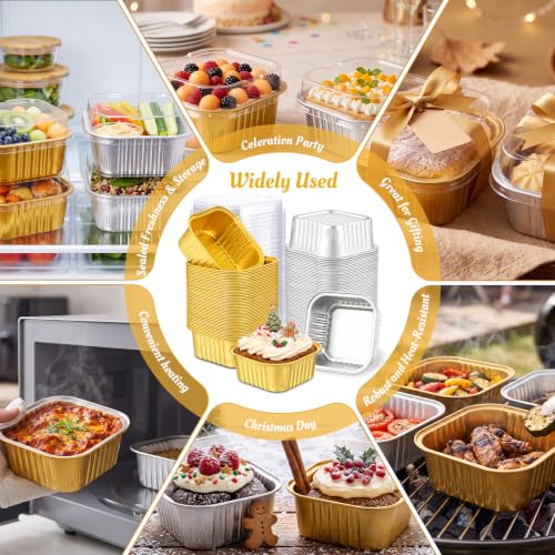 Skylety 100 Pcs 5oz Mini Square Cake Pans with Lids, Gold, Silver - color: Gold,Silver