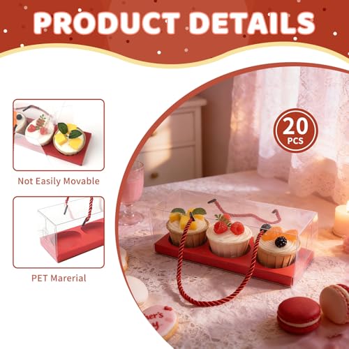 20pcs Clear Cupcake Boxes with Handle Women's Day Cupcake Container Transparent Bakery Cake Boxes Plastic Cake Carrier Baked Dessert Box for Wedding Party Favor (red) - color: Red