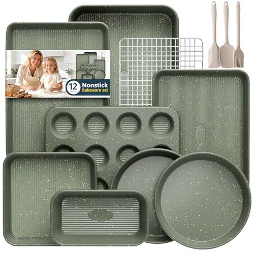 12-Piece Nonstick Baking Set, Non-Toxic Bakeware Set - Ceramic Coated Green - size: 12PCS