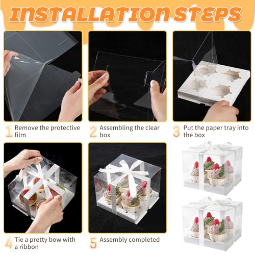 JCD 4Pack Clear Cupcake Boxes, 4 Count Cupcake Containers with Gift Ribbon,5.3inches height Plastic Cupcake Carrier Holder for Treat Dessert Cookies Muffins Pastry Baby Shower Party(4count/4pcs) - size: 4count/4pcs