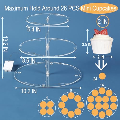 3 Tier Cupcake Stand Cupcake Holder with LED, Acrylic Round Cupcake Tower - size: 3 Tire round