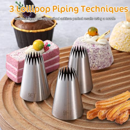 Stainless Steel 9FT Large Piping Tips, 3Pcs Piping Bags And Tips Set, Churro Piping Tip, Open Star Pastry Tips for Cake Decorating with 20Pcs Disposable Piping Bags