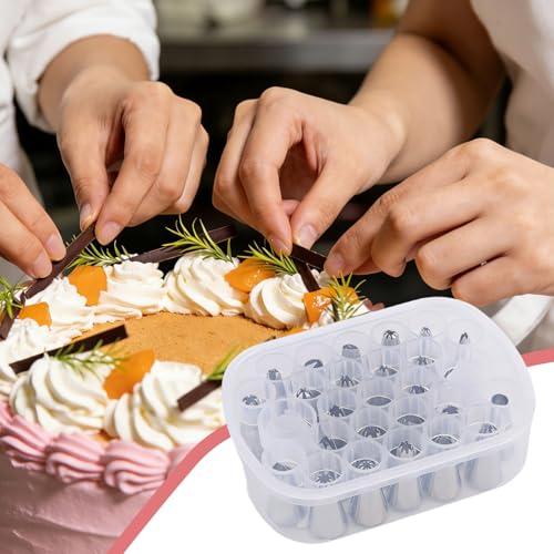 25pcs Piping Tips, Include 2pcs Adapters & Piping Tip Organizers Box Reusable Cake Decorating Kit 27 Grids Baking Organizer Compartment for Cream Cupcake Cookie DIY