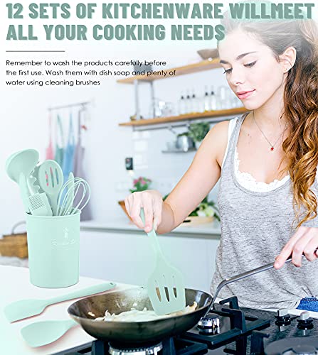 Green Kitchen Utensils Set-12 Pieces Silicone Cooking Utensils Set - color: Green
