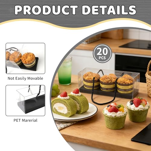 20Pcs Clear Cupcake Boxes with Handle, Cupcake Carrier for Party - color: Black